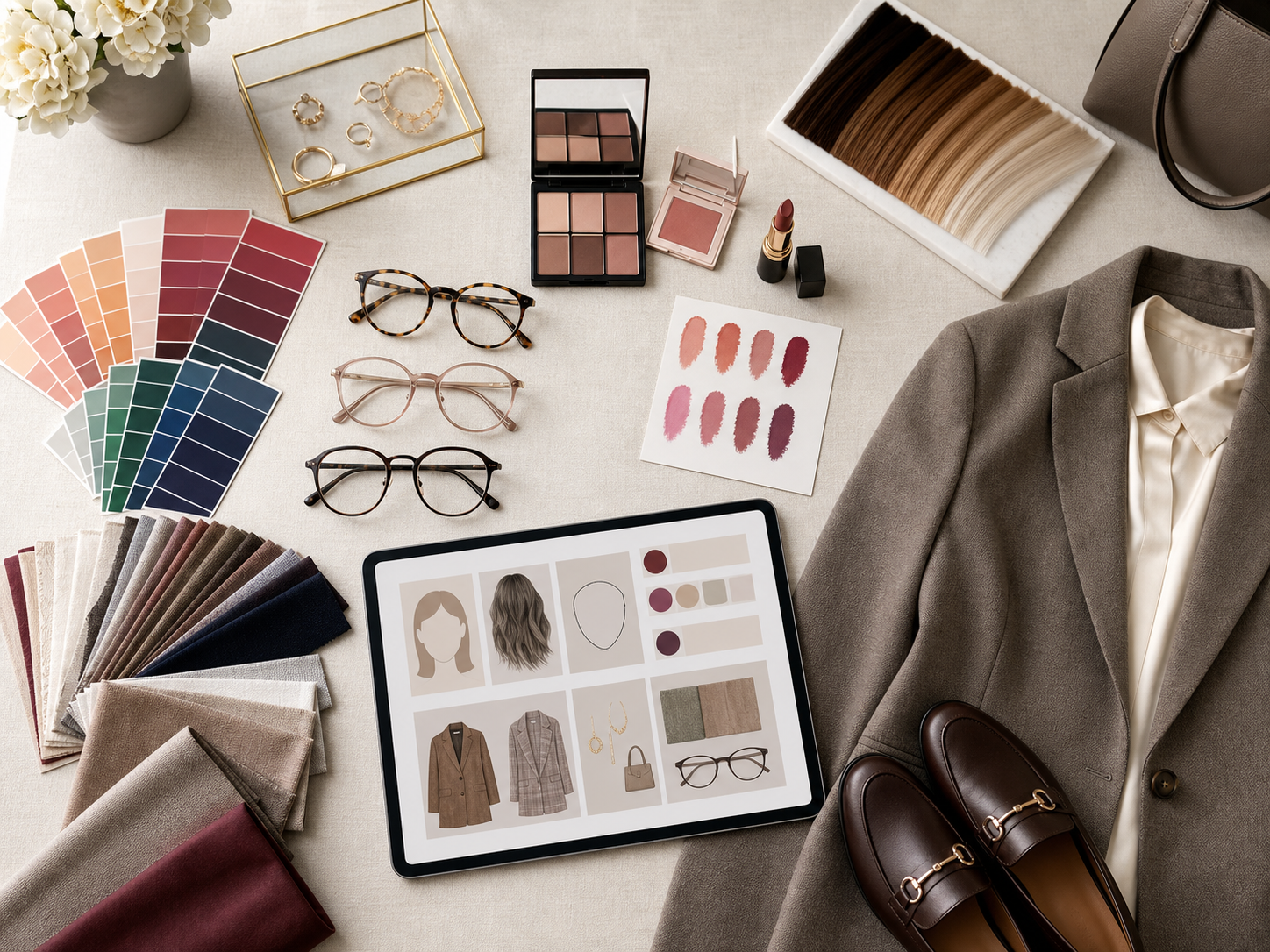 Editorial flat lay with seasonal palettes, glasses, makeup, hair swatches, and outfit pieces
